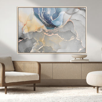 18176-MGV-CV-36X24-Abstract Fluid Wall Art – Modern Marble Ink Canvas Print with Blue, Gold, and Gray Tones, Contemporary Minimal Artwork Decor for