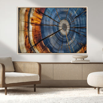 10583-MGV-CV-36X24-Tree Ring Wall Art – Abstract Wood Grain Canvas Print with Blue and Brown Tones, Nature Inspired Rustic Artwork for Living Room,