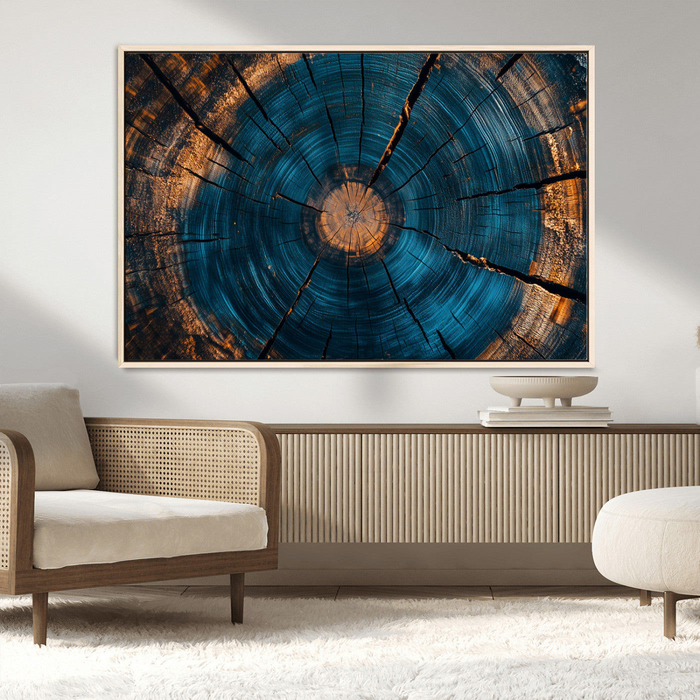 13398-MGV-FC-36X24_Natural-Tree Ring Wall Art – Abstract Wood Grain Canvas Print with Blue and Orange Accents, Rustic Nature Inspired Artwork for Living