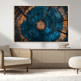 13398-MGV-FC-36X24_Natural-Tree Ring Wall Art – Abstract Wood Grain Canvas Print with Blue and Orange Accents, Rustic Nature Inspired Artwork for Living