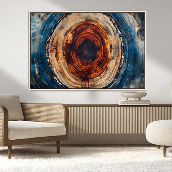 90395-MGV-CV-36X24-Tree Ring Wall Art – Abstract Wood Grain Canvas Print with Fiery Red and Blue Tones, Bold Rustic Nature Inspired Artwork Decor for