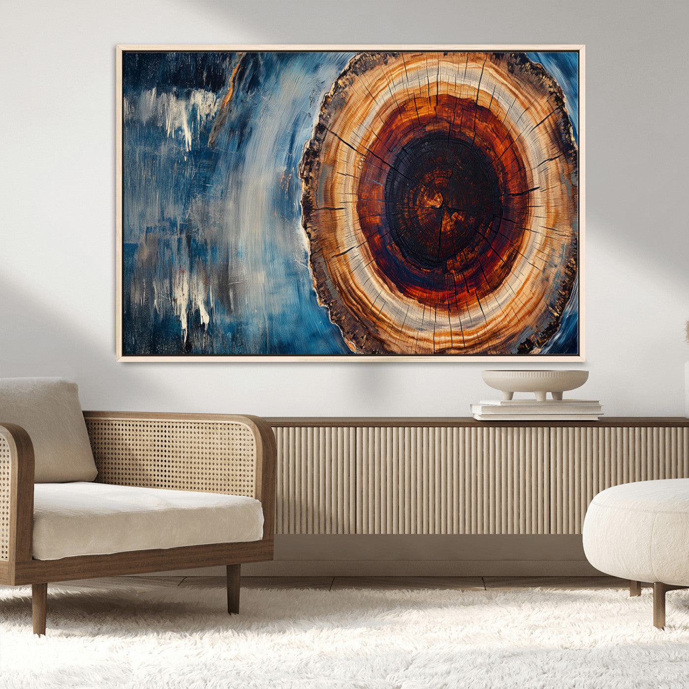 48045-MGV-CV-36X24-Tree Ring Abstract Wall Art – Rustic Wood Grain Canvas Print with Brown Center and Blue Brush Strokes, Nature Inspired Artwork for
