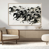 23069-MGV-CV-36X24-Galloping Horses Wall Art – Black Ink Painting on Canvas, Dynamic Equestrian Artwork with Running Stallions, Expressive Modern