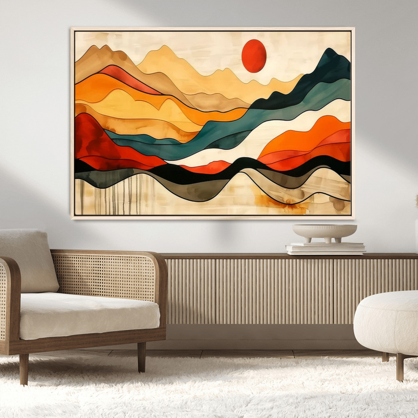 71582-MGV-CV-36X24-Abstract Mountain Landscape Wall Art – Warm Sunset Horizon Canvas Print with Bold Earthy Colors, Modern Boho Style Décor for