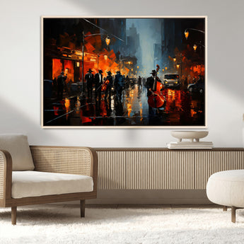 32816-MGV-FC-36X24_Natural-City Jazz Night Wall Art – Modern Abstract Urban Street Scene Canvas Print, Moody Music-Themed Decor for Living Room, Office, or