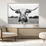 20272-MGV-FC-36X24_Natural-Texas Longhorn Wall Art – Black and White Cowboy Western Canvas Print, Rustic Farmhouse Cattle Photography Decor for Ranch, Barn