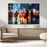 94605-MGV-CV-36X24-City Jazz Night Wall Art – Vibrant Music Canvas Print Featuring Saxophone, Guitar and Bass Players, Urban Street Scene Artwork for