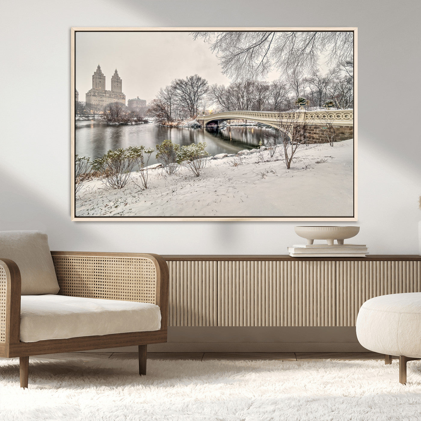 60292-MGV-CV-36X24-Central Park Winter Wall Art – Snowy Bow Bridge Canvas Print, Scenic New York City Landscape Photography for Living Room, Bedroom