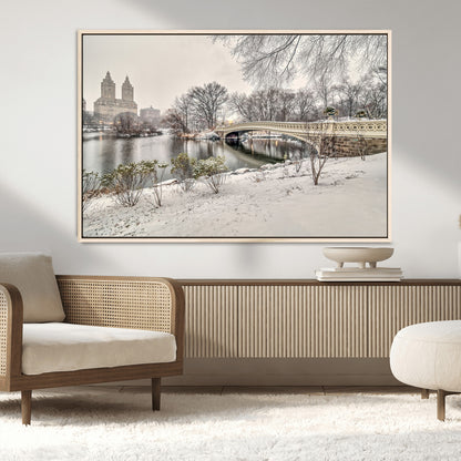 60292-MGV-CV-36X24-Central Park Winter Wall Art – Snowy Bow Bridge Canvas Print, Scenic New York City Landscape Photography for Living Room, Bedroom