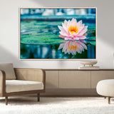 65933-MGV-CV-36X24-Pink Water Lily Wall Art – Lotus Flower Canvas Print with Reflection on Calm Water, Peaceful Botanical Artwork for Living Room,