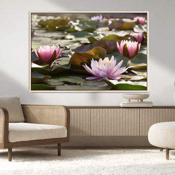 72218-MGV-FC-36X24_Natural-Water Lily Pond Wall Art – Pink Lotus Flowers Canvas Print with Green Lily Pads, Peaceful Botanical Artwork for Living Room,
