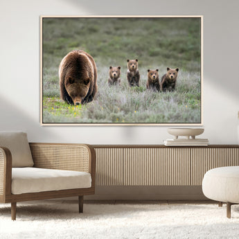 65087B-MGV-CV-36X24-Bear Family Wall Art – Wildlife Canvas Print Featuring Mother Bear with Cubs in Nature, Rustic Animal Artwork for Living Room,