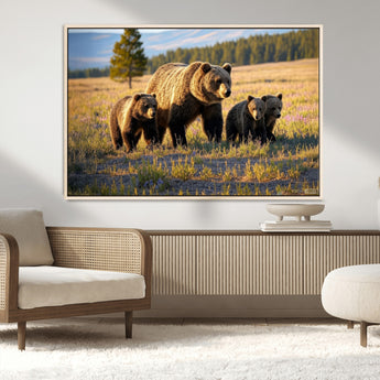 43400-MGV-CV-36X24-Bear Family Wall Art – Wildlife Canvas Print of Mother Bear with Cubs in Sunlit Meadow, Rustic Animal Artwork for Living Room,