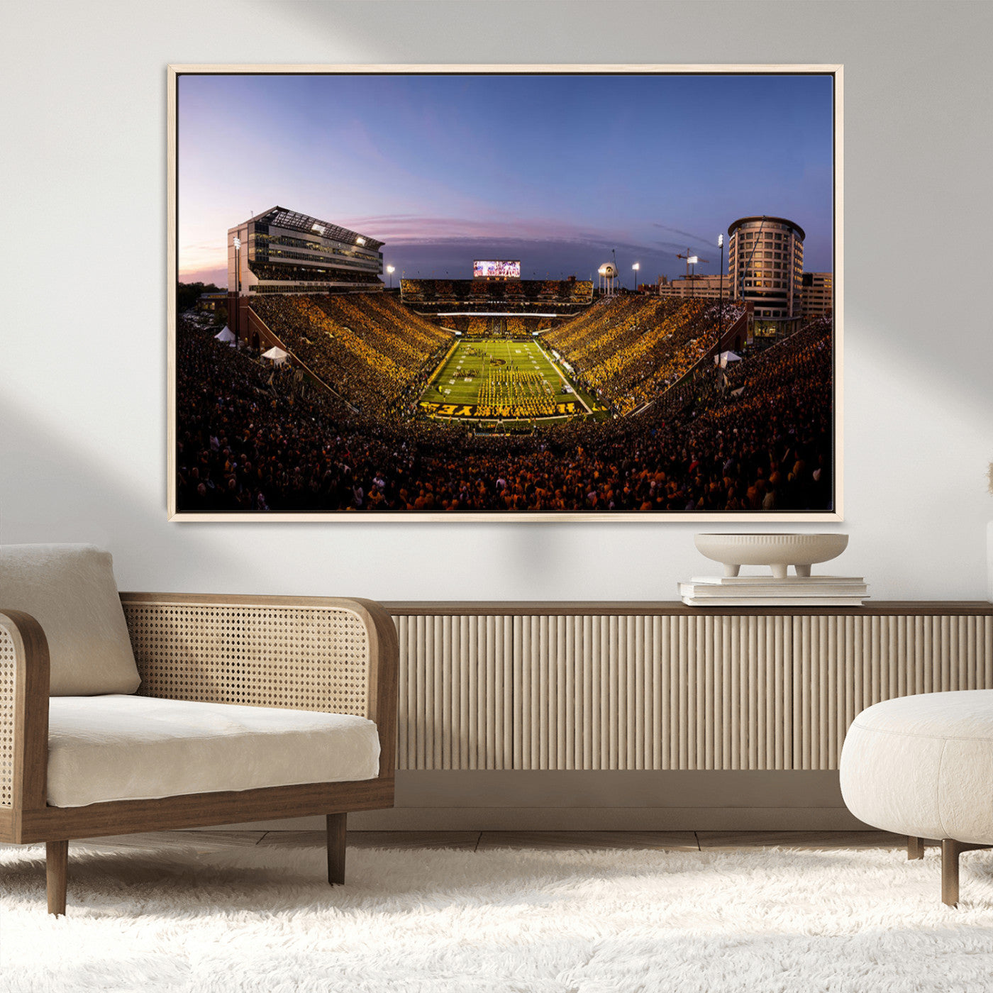 82557-MGV-CV-36X24-College Football Stadium Wall Art – Panoramic Sunset Canvas Print with Marching Band and Game Day Crowd, Sports Artwork for Man