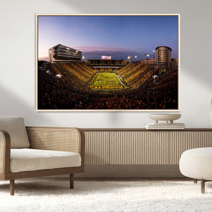 82557-MGV-CV-36X24-College Football Stadium Wall Art – Panoramic Sunset Canvas Print with Marching Band and Game Day Crowd, Sports Artwork for Man