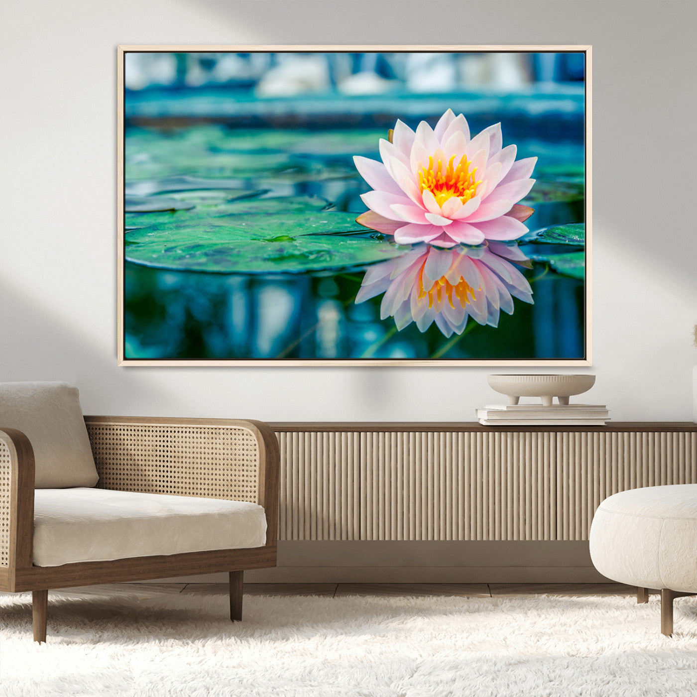 30320-MGV-CV-36X24-Pink Water Lily Wall Art – Lotus Flower Canvas Print with Reflection Water, Peaceful Botanical Artwork for Living Room, Bedroom,