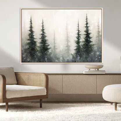 33241-MGV-CV-36X24-Misty Forest Wall Art Canvas Print, Framed Foggy Pines Art Picture Print, Forest Haze Perfect Rustic Minimalist Decor Artwork