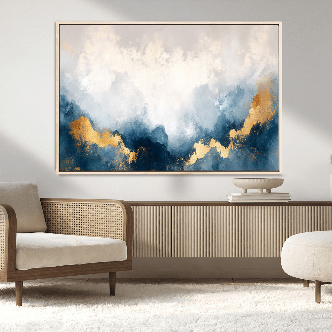14578-MGV-FC-36X24_Natural-Abstract Wall Art – Modern Canvas Print Featuring Blue and White Clouds with Golden Accents, Contemporary Elegant Artwork for