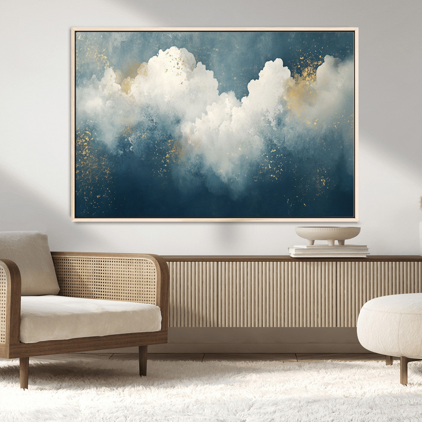 75131-MGV-CV-36X24-Abstract Cloud Wall Art – Modern Canvas Print Featuring Blue and White Clouds with Golden Accents, Contemporary Artwork for Living