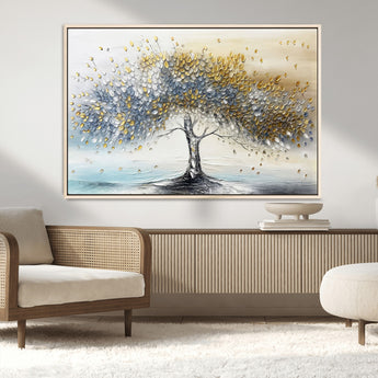 24771-MGV-CV-36X24-Silver Tree Wall Art Canvas Print, Framed Golden Leaves Art Picture Print, Metallic Tree Perfect Minimalist Luxury Decor Artwork