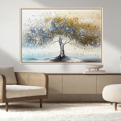24771-MGV-CV-36X24-Silver Tree Wall Art Canvas Print, Framed Golden Leaves Art Picture Print, Metallic Tree Perfect Minimalist Luxury Decor Artwork
