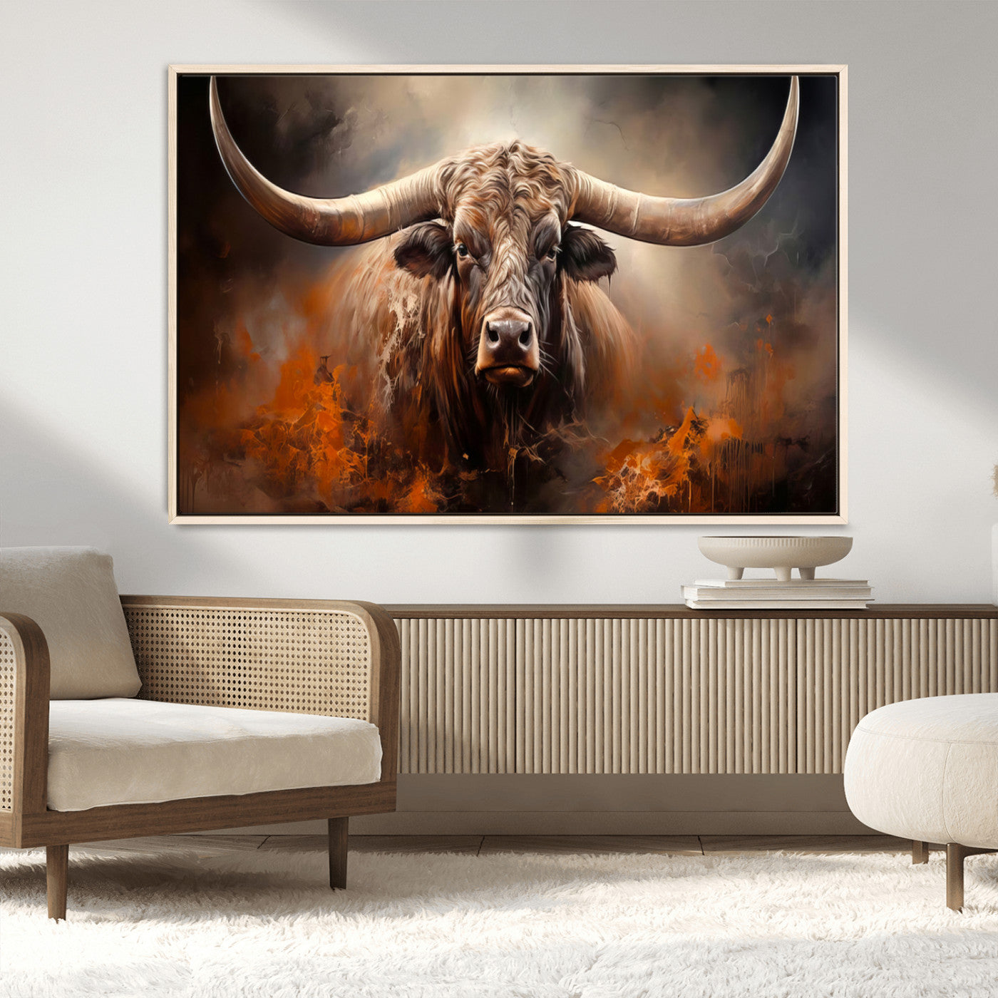 240479-MGV-CV-36X24-Longhorn Bull Wall Art – Dramatic Western Canvas Print Featuring Horned Bull with Fiery Background, Rustic Farmhouse Artwork for