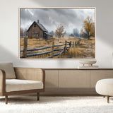 Farm1-MGV-CV-36X24-Rustic Autumn Farmhouse Wall Art – Serene Countryside Scene Canvas Print, Weathered Barn and Autumn Trees Decor for Living Room,