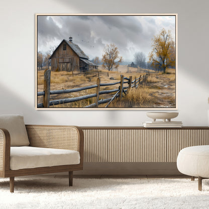 Farm1-MGV-CV-36X24-Rustic Autumn Farmhouse Wall Art – Serene Countryside Scene Canvas Print, Weathered Barn and Autumn Trees Decor for Living Room,