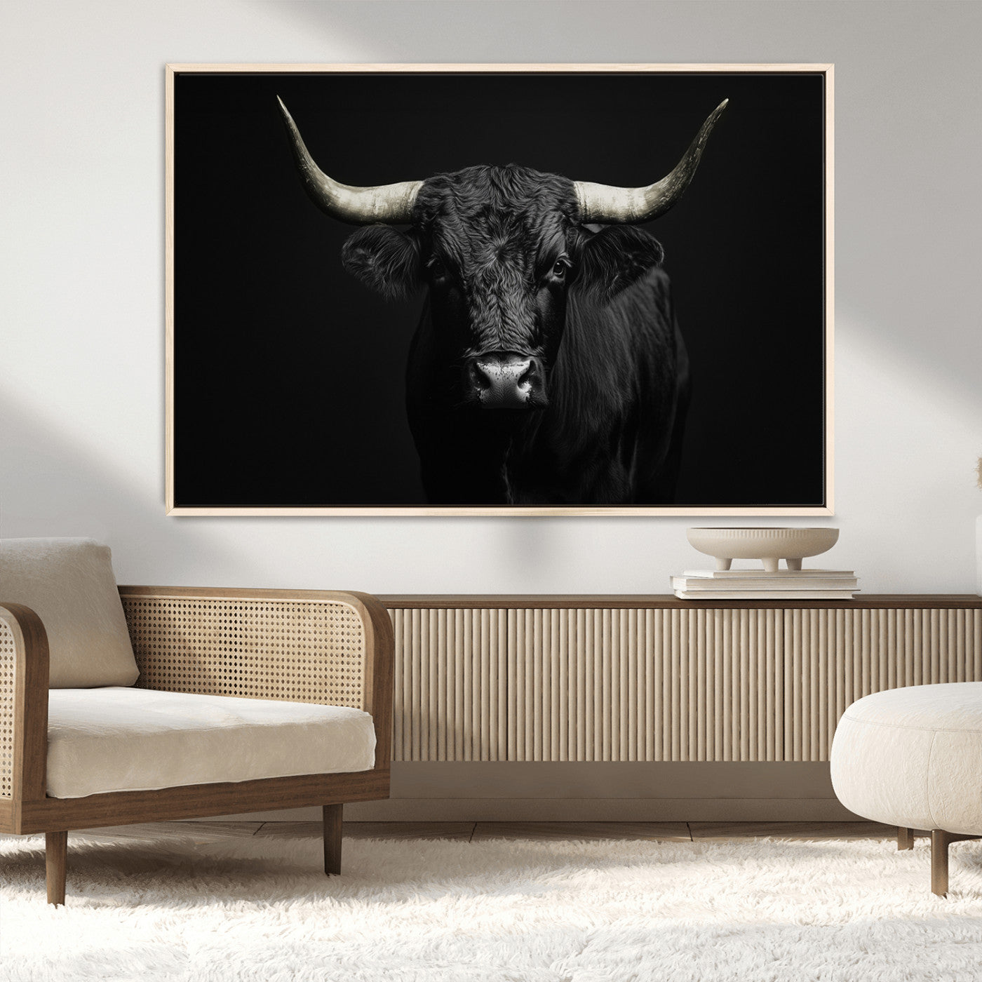 97914921-MGV-CV-36X24-Black Bull Wall Art Canvas Print, Framed Longhorn Bull Art Picture Print, Western Bull Perfect Monochrome Western Decor Artwork