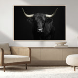 97914921-MGV-CV-36X24-Black Bull Wall Art Canvas Print, Framed Longhorn Bull Art Picture Print, Western Bull Perfect Monochrome Western Decor Artwork
