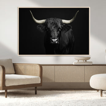 97914921-MGV-CV-36X24-Black Bull Wall Art Canvas Print, Framed Longhorn Bull Art Picture Print, Western Bull Perfect Monochrome Western Decor Artwork