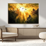 13776802-MGV-CV-36X24-Golden Forest Wall Art Canvas Print, Framed Sunset Pines Art Picture Print, Flying Birds Perfect Nature Glow Decor Artwork