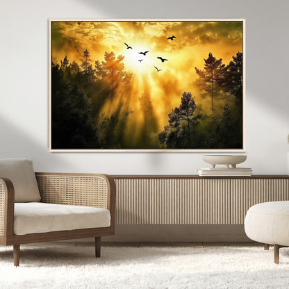 13776802-MGV-FC-36X24_Natural-Golden Forest Wall Art Canvas Print, Framed Sunset Pines Art Picture Print, Flying Birds Perfect Nature Glow Decor Artwork
