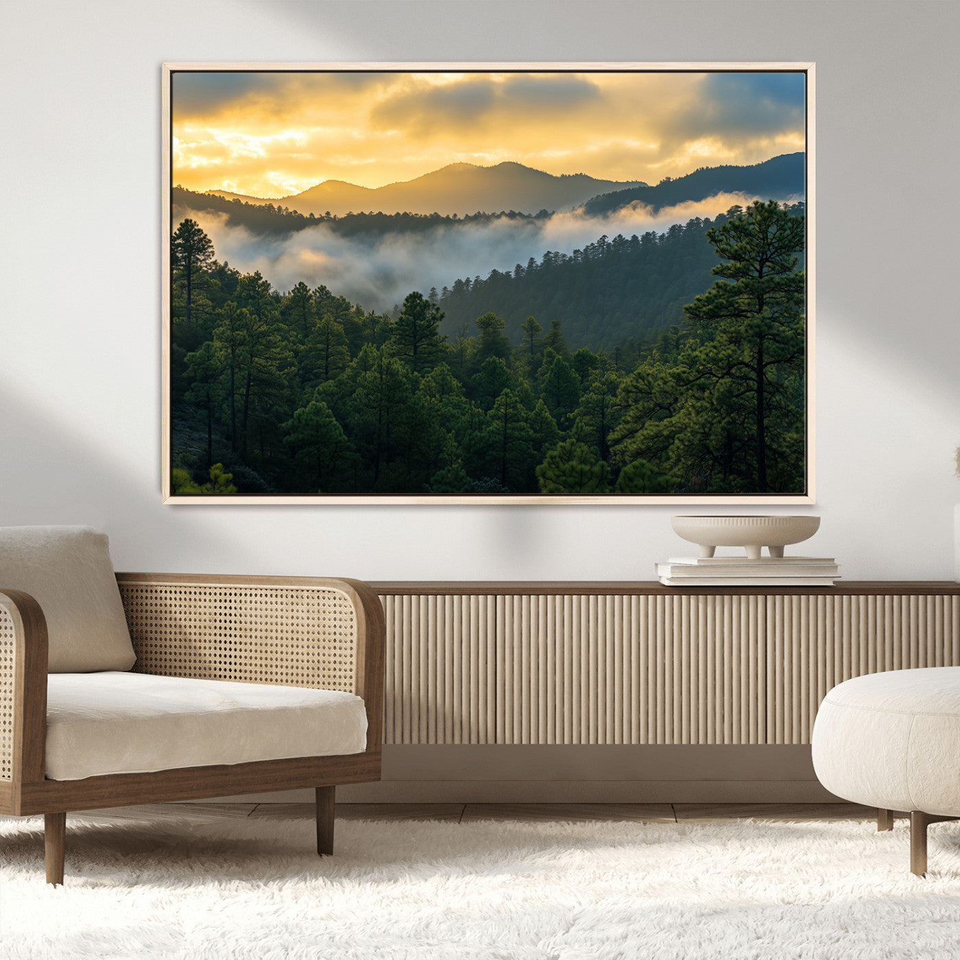 68082278-MGV-CV-36X24-Mountain Sunrise Wall Art Canvas Print, Framed Pine Forest Art Picture Print, Misty Mountains Perfect Earthy Woodland Decor