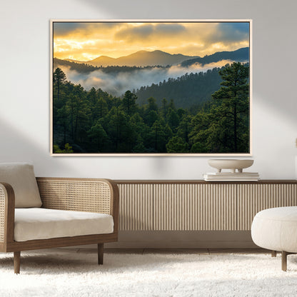 68082278-MGV-CV-36X24-Mountain Sunrise Wall Art Canvas Print, Framed Pine Forest Art Picture Print, Misty Mountains Perfect Earthy Woodland Decor
