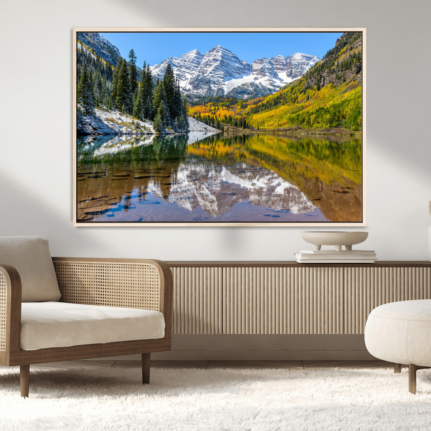 87724099-MGV-CV-36X24-Maroon Bells Wall Art Canvas Print, Framed Snowy Mountains Art Picture Print, Pine Forest Perfect Vibrant Alpine Decor Artwork