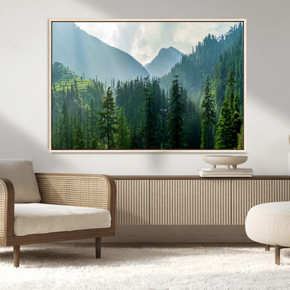 83417191-MGV-FC-36X24_Natural-Misty Mountain Forest Wall Art – Pine Tree Landscape Canvas Print, Nature Photography Panorama, Tranquil Green Forest Décor for
