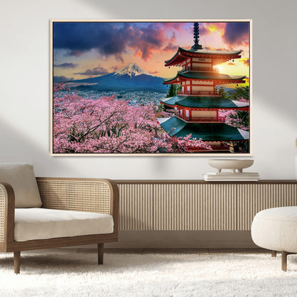 32331262-MGV-CV-36X24-Mount Fuji Japan Wall Art – Cherry Blossom Landscape Canvas Print, Chureito Pagoda Sunset Photography, Japanese Nature Travel