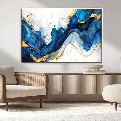 33506371-MGV-FC-36X24_Natural-Blue Marble Wall Art Canvas Print, Framed Gold Splash Art Picture Print, Abstract Wave Perfect Modern Luxe Decor Artwork