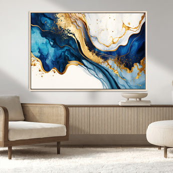 60283636-MGV-CV-36X24-Blue Gold Flow Wall Art Canvas Print, Framed Marble Texture Art Picture Print, Elegant Splash Perfect Elegant Abstract Decor