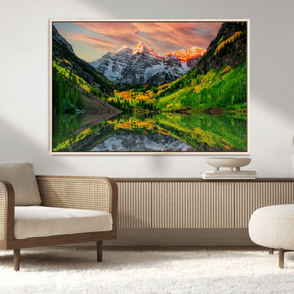 59533484-MGV-FC-36X24_Natural-Maroon Bells Autumn Wall Art – Panoramic Mountain Landscape Canvas Print, Sunset Reflection Nature Artwork for Living Room, Office