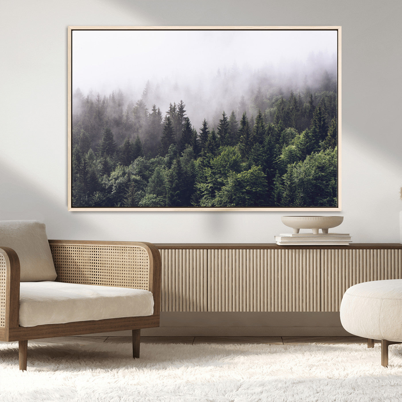 62890402-MGV-CV-36X24-Misty Forest Wall Art Canvas Print, Framed Foggy Pines Art Picture Print, Pine Valley Perfect Moody Woodland Decor Artwork