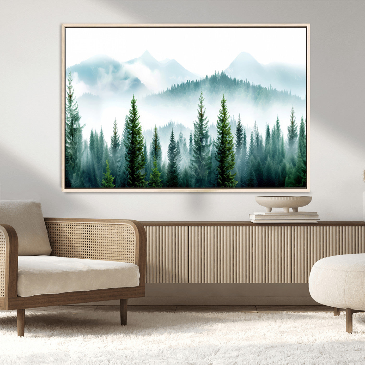16716676-MGV-CV-36X24-Pine Forest Wall Art Canvas Print, Framed Misty Mountains Art Picture Print, Foggy Trees Perfect Moody Forest Decor Artwork