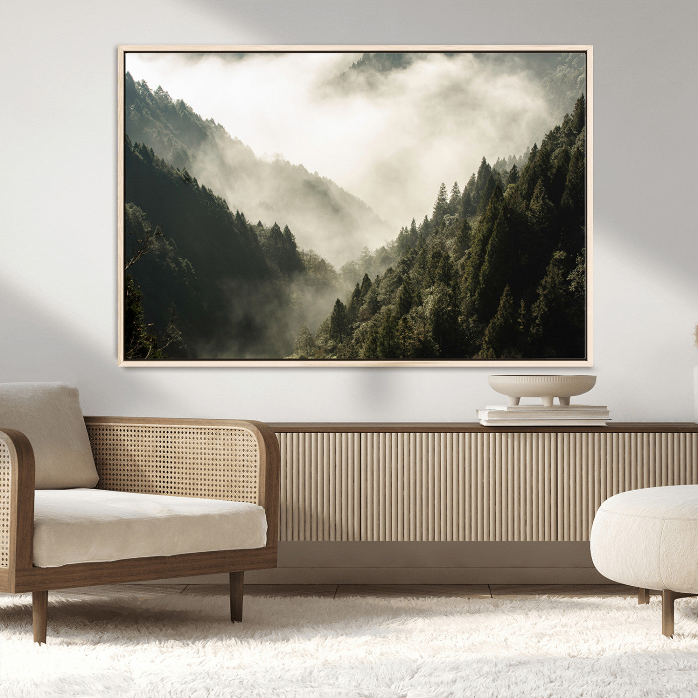 57570237-MGV-FC-36X24_Natural-Misty Valley Wall Art Canvas Print, Framed Foggy Forest Art Picture Print, Pine Trees Perfect Moody Woodland Decor Artwork