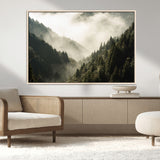 57570237-MGV-FC-36X24_Natural-Misty Valley Wall Art Canvas Print, Framed Foggy Forest Art Picture Print, Pine Trees Perfect Moody Woodland Decor Artwork
