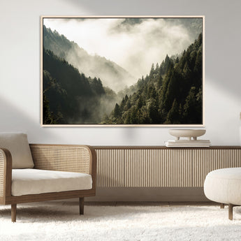 57570237-MGV-FC-36X24_Natural-Misty Valley Wall Art Canvas Print, Framed Foggy Forest Art Picture Print, Pine Trees Perfect Moody Woodland Decor Artwork