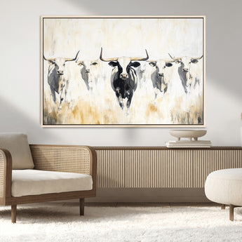 40397799-MGV-FC-36X24_Natural-Texas Longhorn Wall Art Canvas Print, Framed Rustic Herd Art Picture Print, Western Bull Perfect Neutral Western Decor Artwork