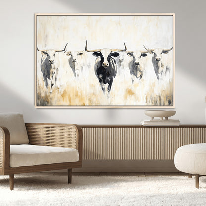 40397799-MGV-FC-36X24_Natural-Texas Longhorn Wall Art Canvas Print, Framed Rustic Herd Art Picture Print, Western Bull Perfect Neutral Western Decor Artwork