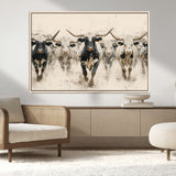 61538944-MGV-CV-36X24-Texas Longhorn Wall Art Canvas Print, Framed Cattles Walking Art Picture Print, Black White Bulls Perfect Rustic Western Decor