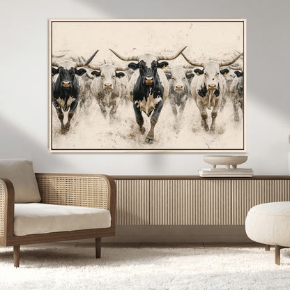 61538944-MGV-CV-36X24-Texas Longhorn Wall Art Canvas Print, Framed Cattles Walking Art Picture Print, Black White Bulls Perfect Rustic Western Decor